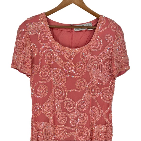 Oleg Cassini Black Tie Peachy Pink Sequin Beaded Mini Dress Embellished size 12 - Picture 2 of 14